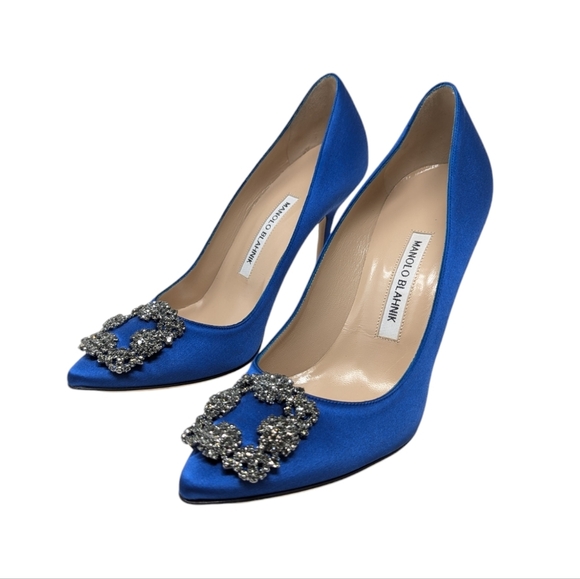 NEW Manolo Blahnik Hangisi Blue Satin Crystal Pump Size EU 38.5 - Picture 4 of 11